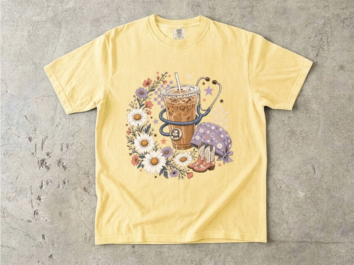 Iced Coffee & Flowers T-Shirt — Boho Cafe Aesthetic Tee