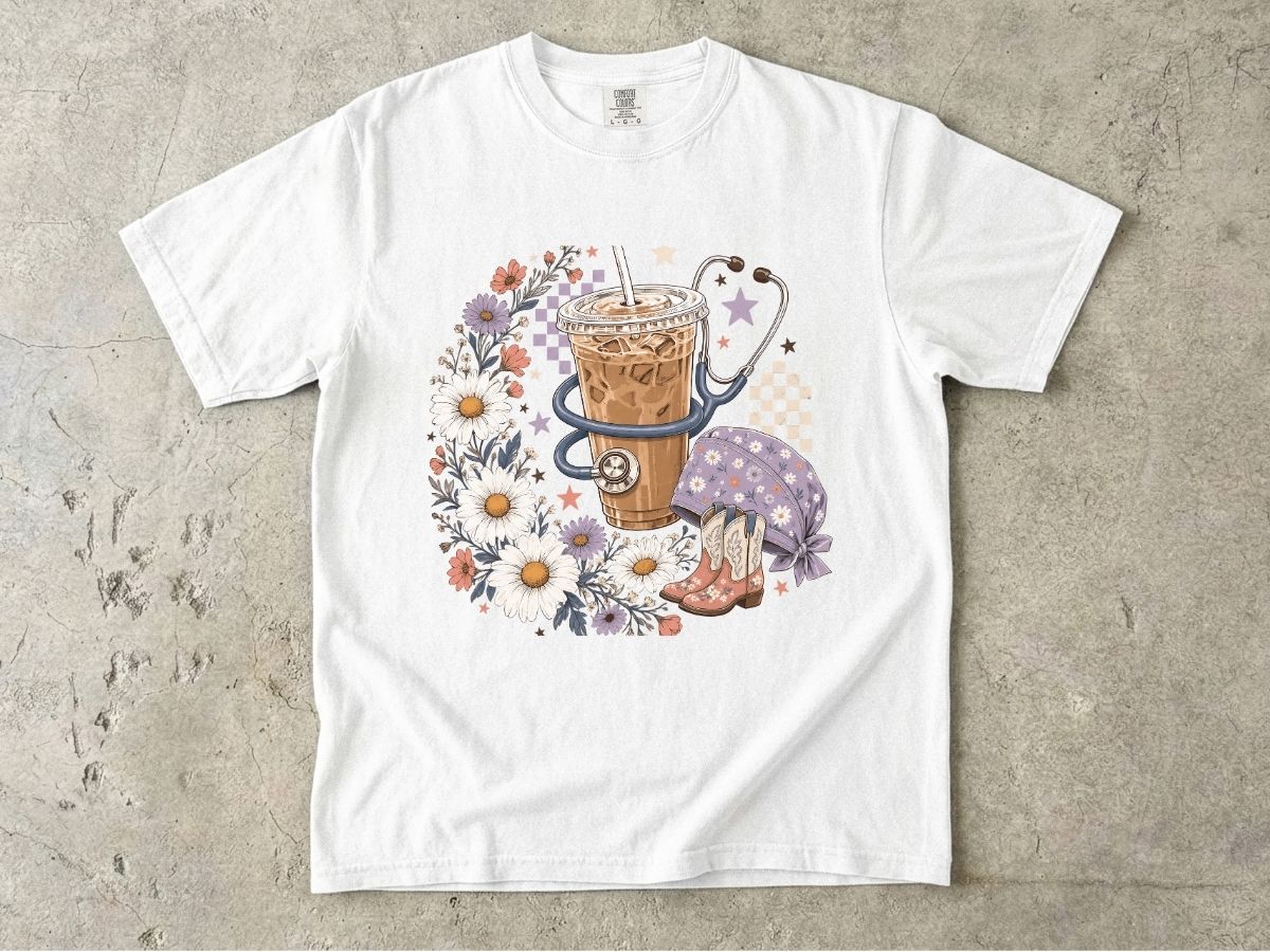 Iced Coffee & Flowers T-Shirt — Boho Cafe Aesthetic Tee