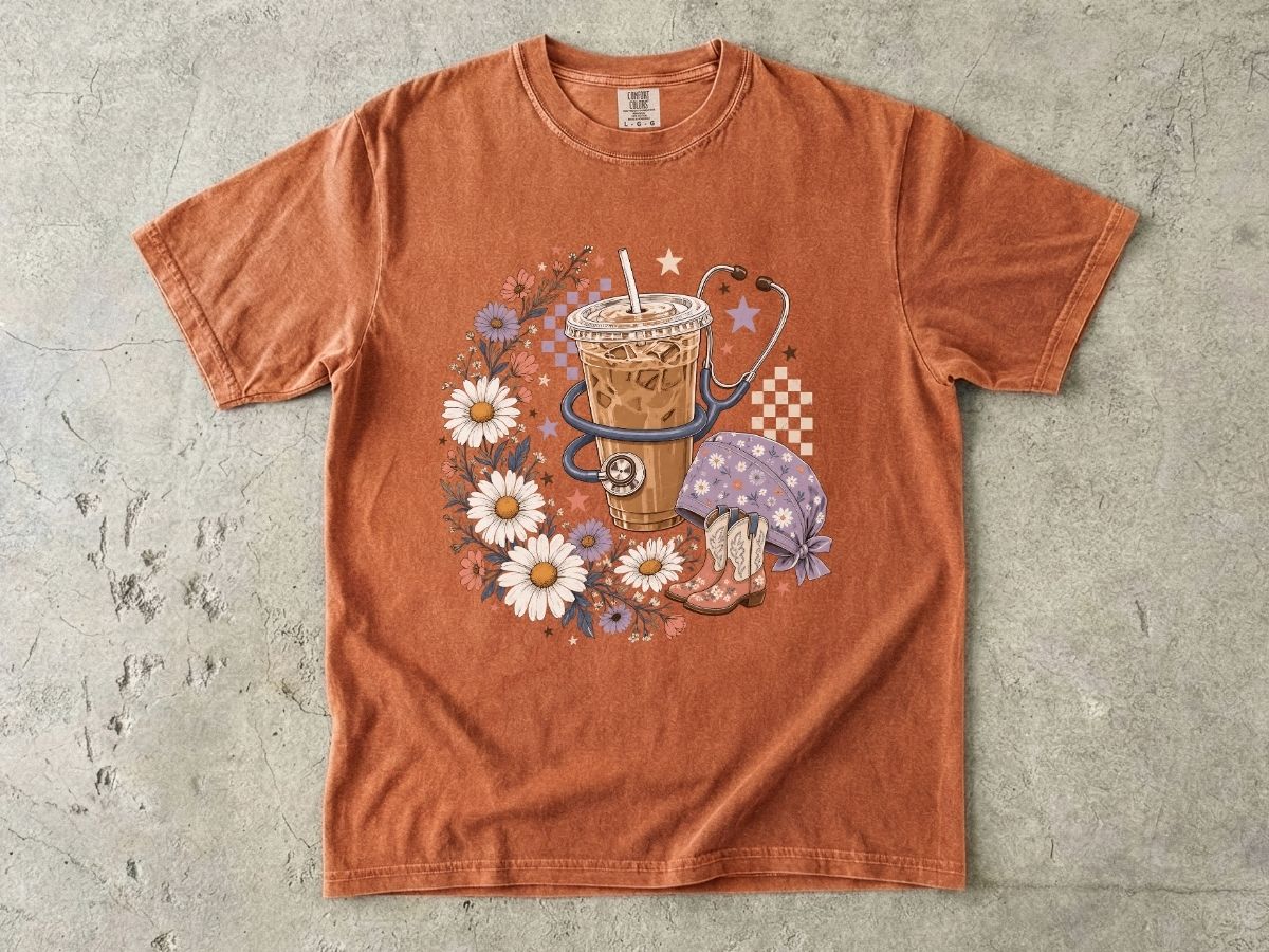 Iced Coffee & Flowers T-Shirt — Boho Cafe Aesthetic Tee