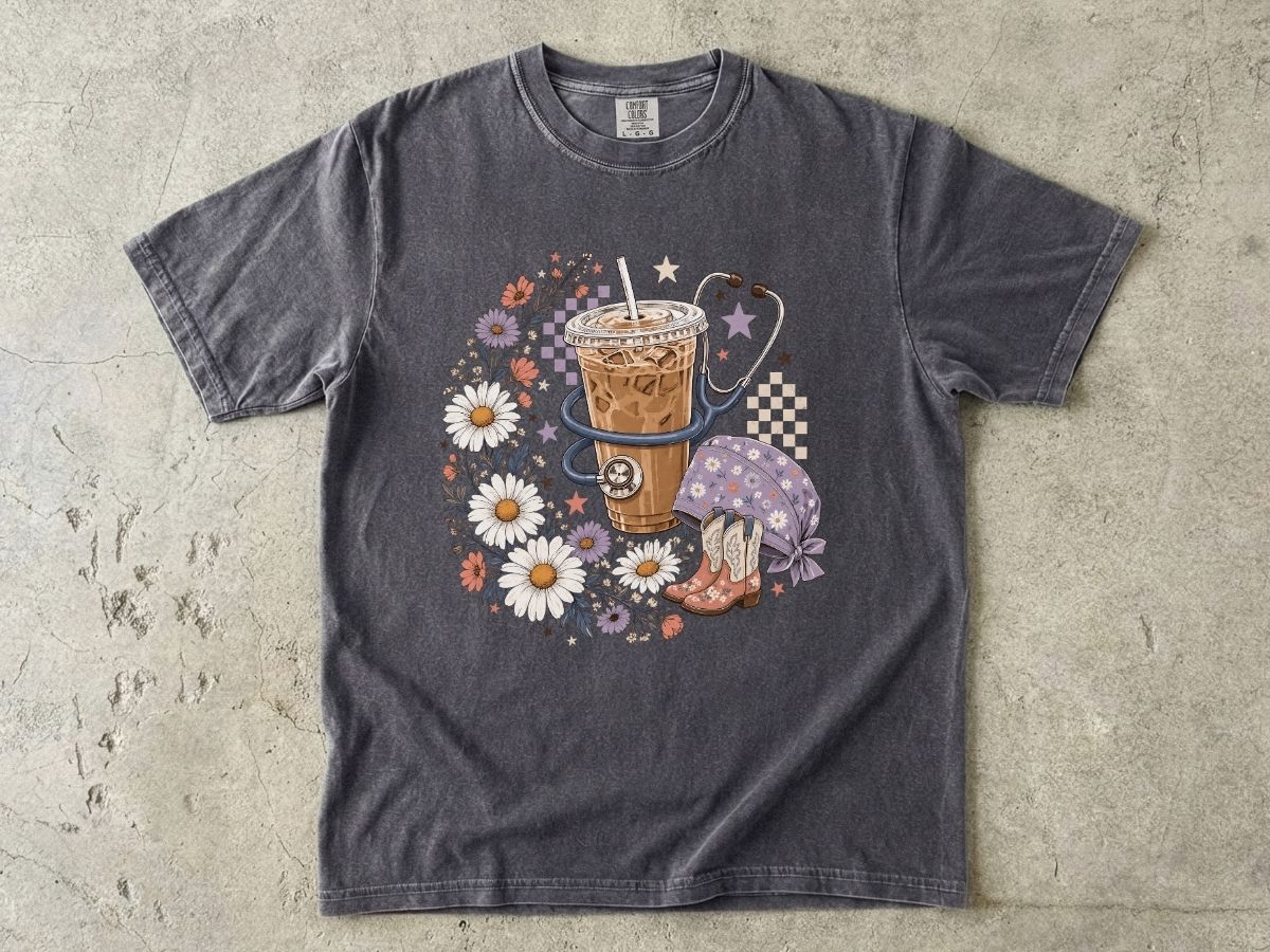 Iced Coffee & Flowers T-Shirt — Boho Cafe Aesthetic Tee