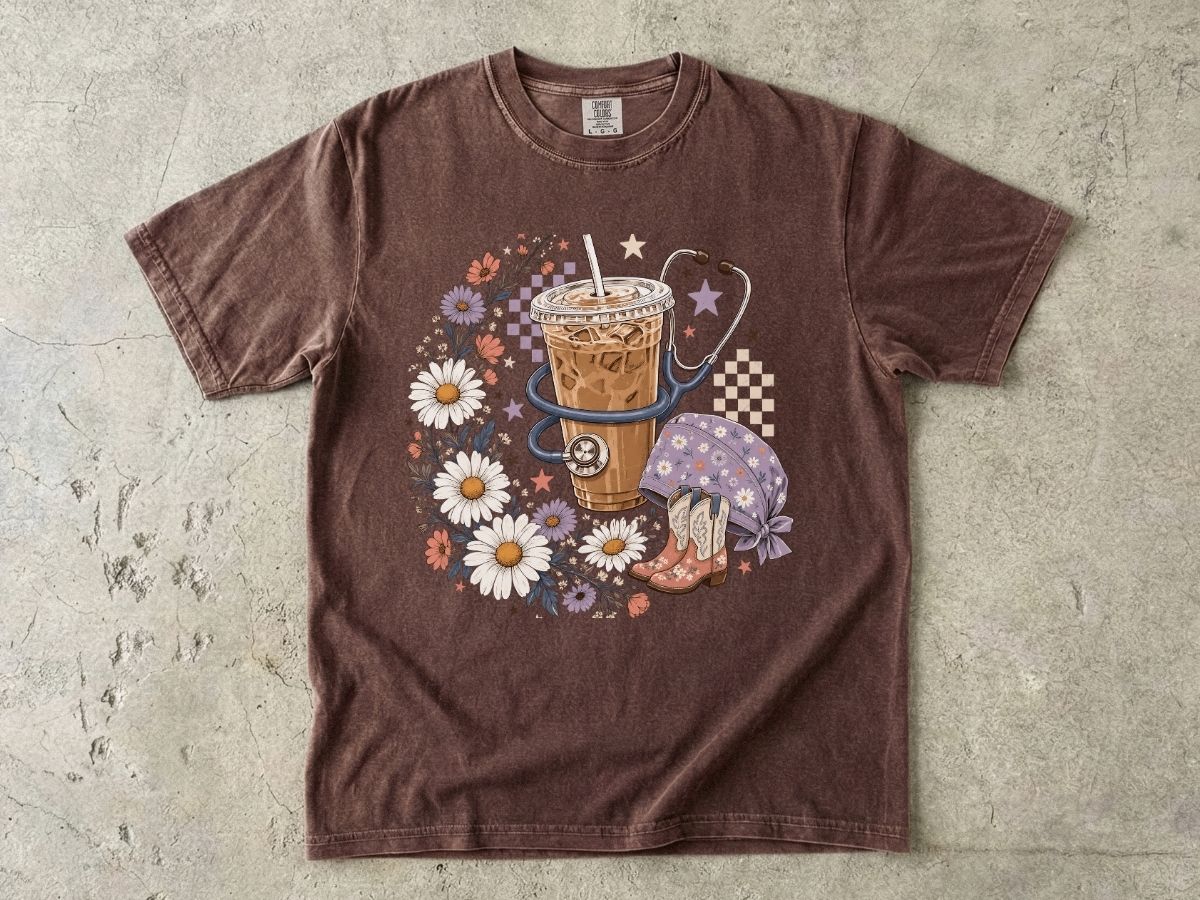 Iced Coffee & Flowers T-Shirt — Boho Cafe Aesthetic Tee