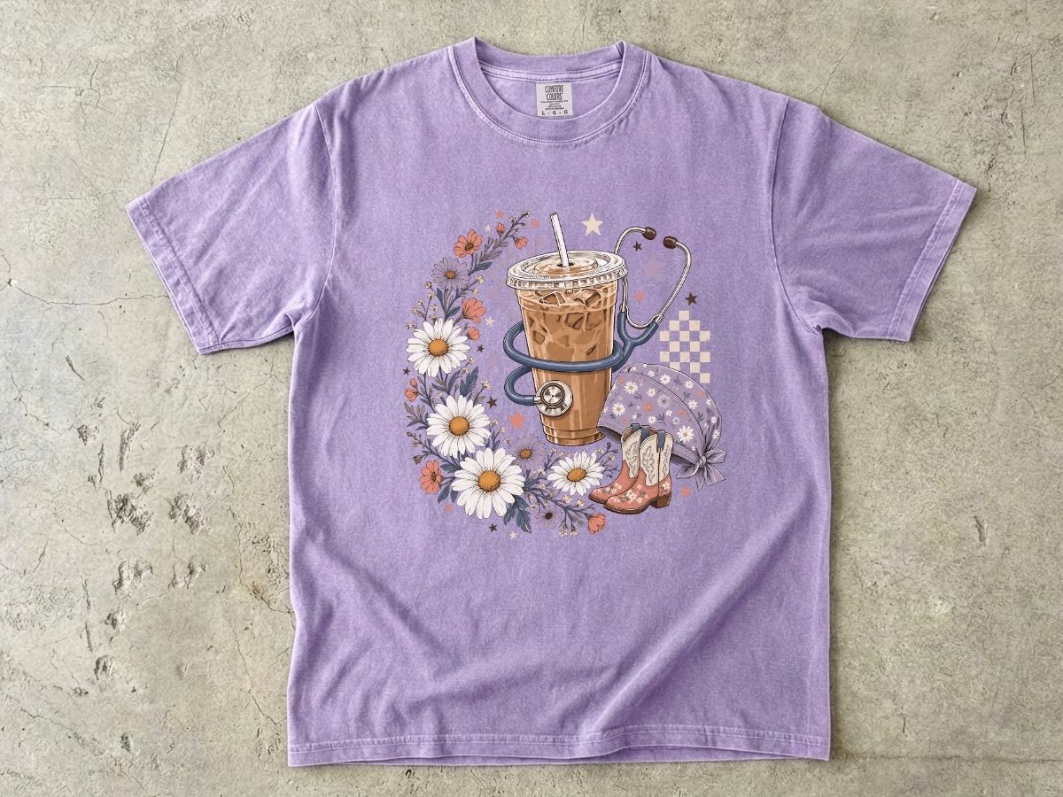 Iced Coffee & Flowers T-Shirt — Boho Cafe Aesthetic Tee