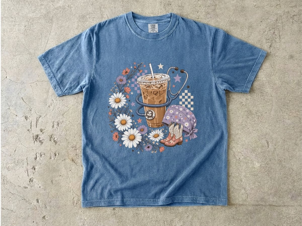 Iced Coffee & Flowers T-Shirt — Boho Cafe Aesthetic Tee