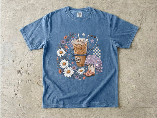 Iced Coffee & Flowers T-Shirt — Boho Cafe Aesthetic Tee