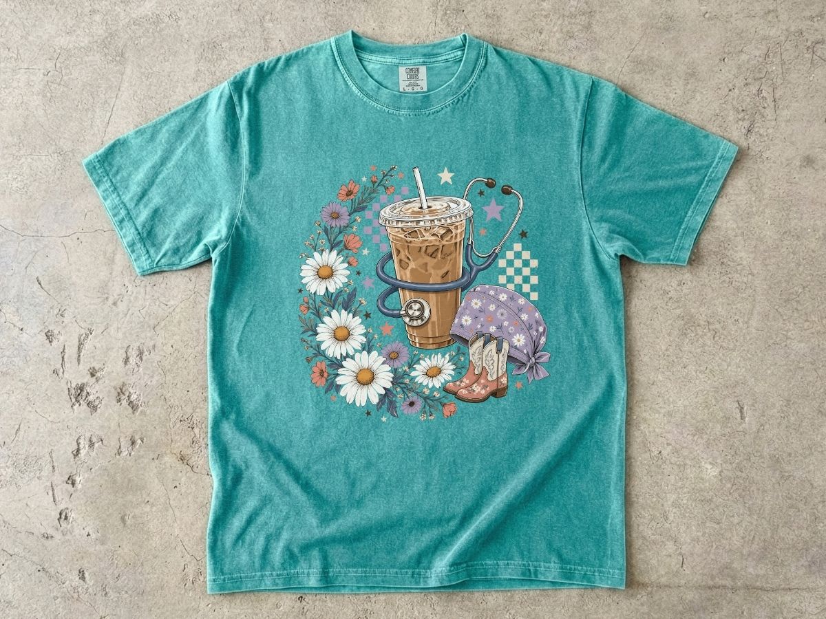 Iced Coffee & Flowers T-Shirt — Boho Cafe Aesthetic Tee