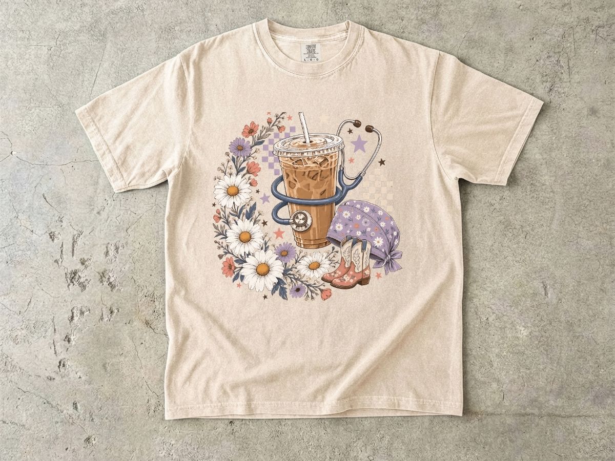 Iced Coffee & Flowers T-Shirt — Boho Cafe Aesthetic Tee