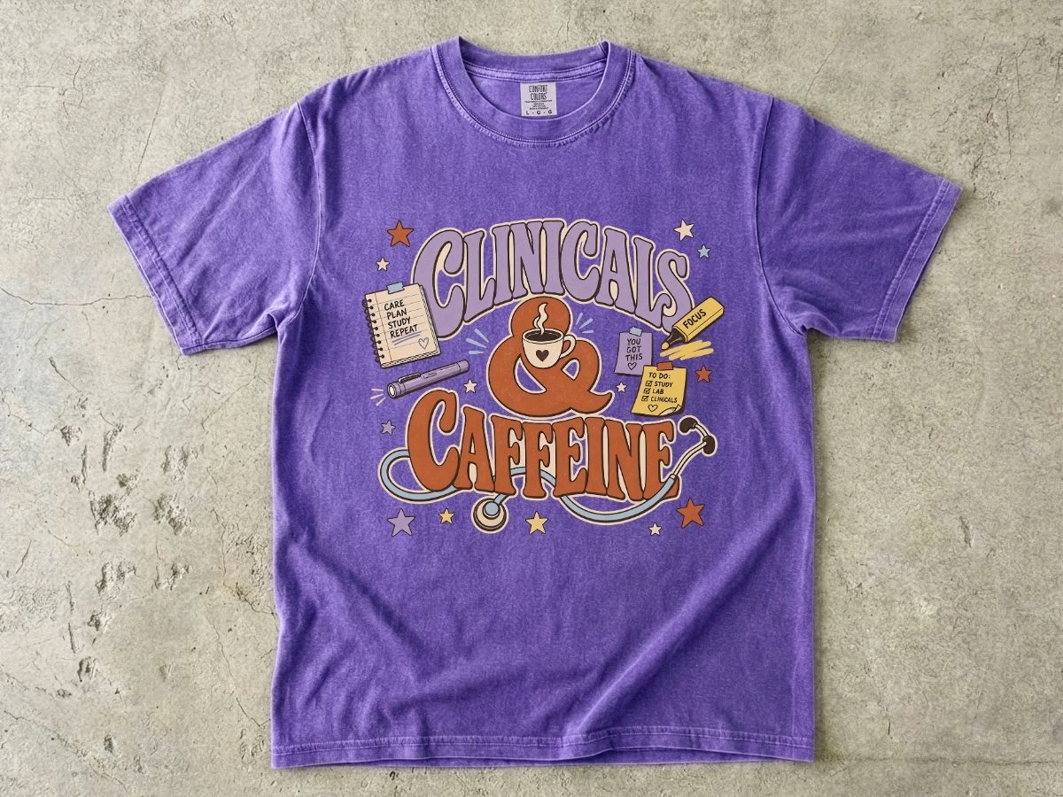 Clinicals & Caffeine T-Shirt — Funny Nurse/Med Student Coffee Tee