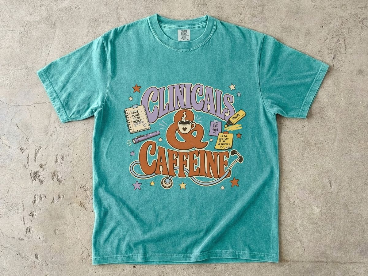 Clinicals & Caffeine T-Shirt — Funny Nurse/Med Student Coffee Tee