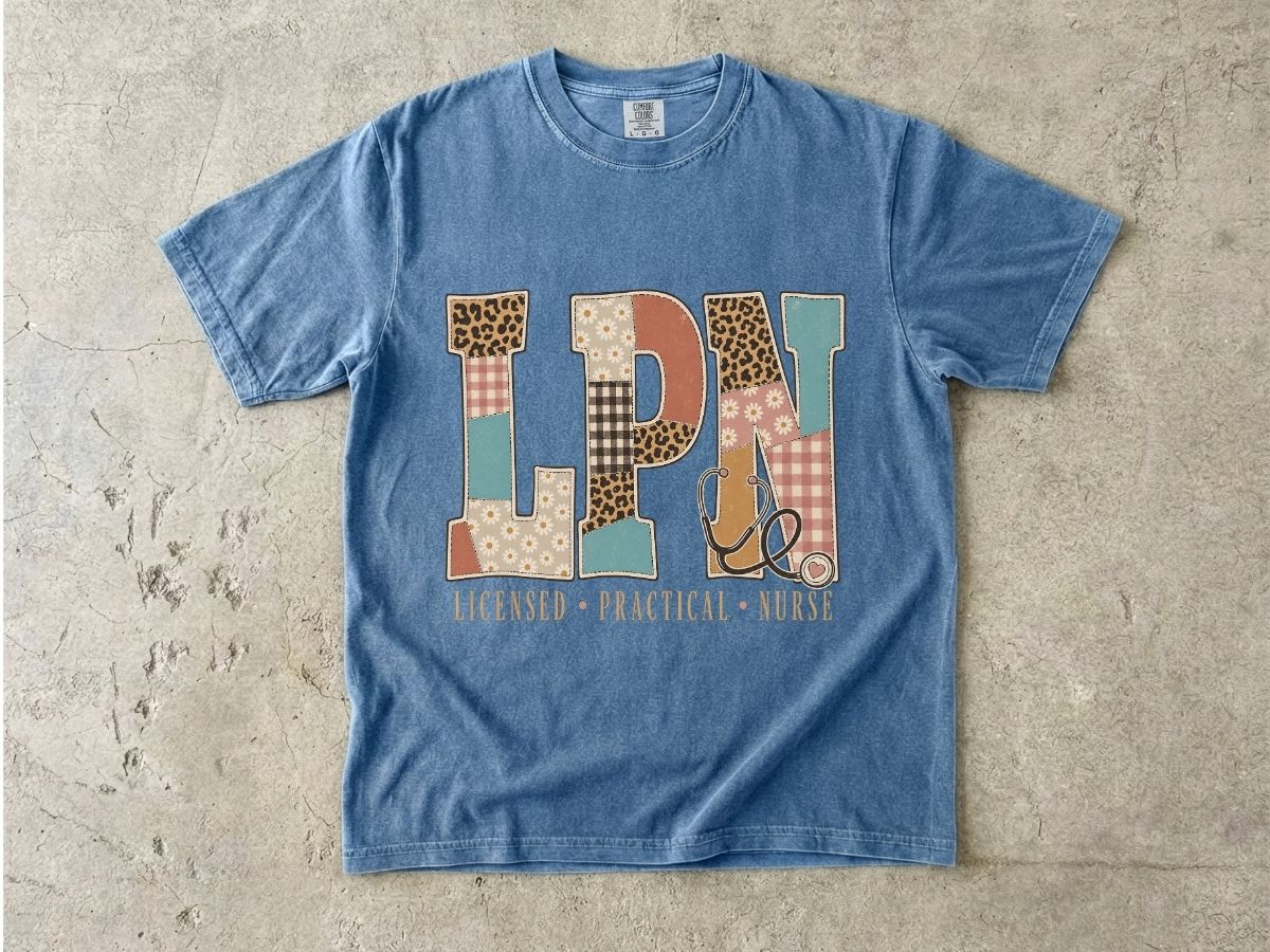 LPN Patchwork Graphic T-Shirt — Licensed Practical Nurse Tee with Stethoscope