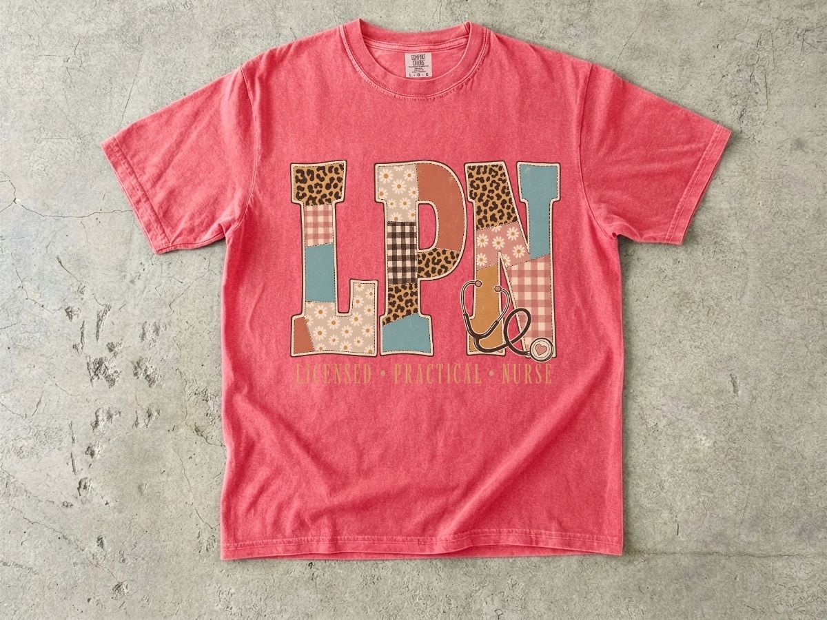 LPN Patchwork Graphic T-Shirt — Licensed Practical Nurse Tee with Stethoscope