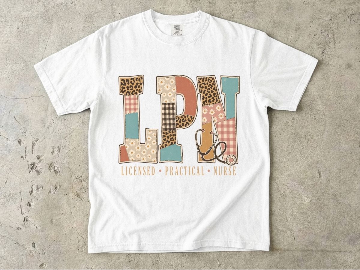 LPN Patchwork Graphic T-Shirt — Licensed Practical Nurse Tee with Stethoscope