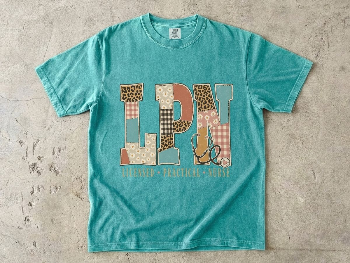 LPN Patchwork Graphic T-Shirt — Licensed Practical Nurse Tee with Stethoscope