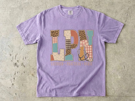 LPN Patchwork Graphic T-Shirt — Licensed Practical Nurse Tee with Stethoscope