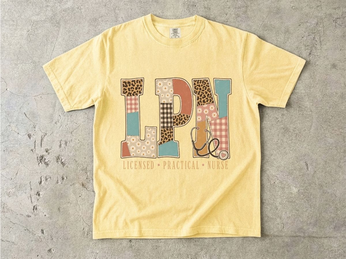 LPN Patchwork Graphic T-Shirt — Licensed Practical Nurse Tee with Stethoscope