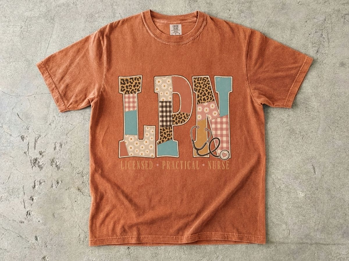 LPN Patchwork Graphic T-Shirt — Licensed Practical Nurse Tee with Stethoscope