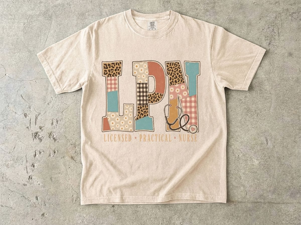 LPN Patchwork Graphic T-Shirt — Licensed Practical Nurse Tee with Stethoscope