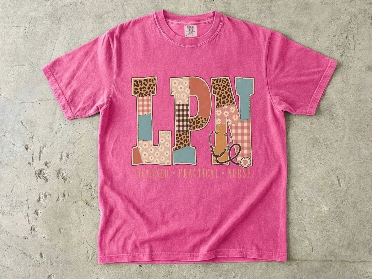 LPN Patchwork Graphic T-Shirt — Licensed Practical Nurse Tee with Stethoscope