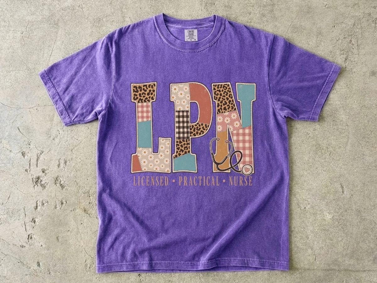 LPN Patchwork Graphic T-Shirt — Licensed Practical Nurse Tee with Stethoscope