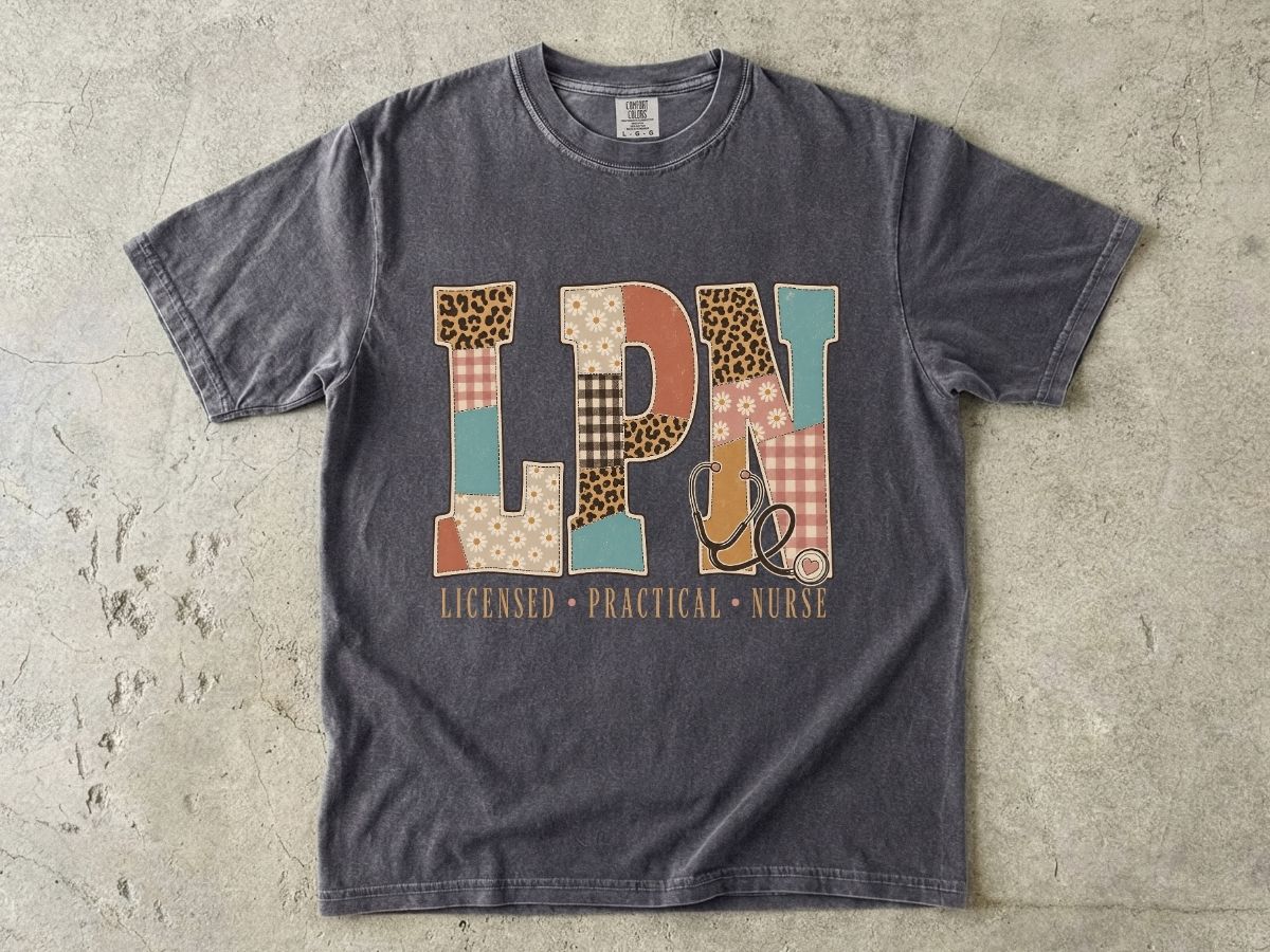 LPN Patchwork Graphic T-Shirt — Licensed Practical Nurse Tee with Stethoscope