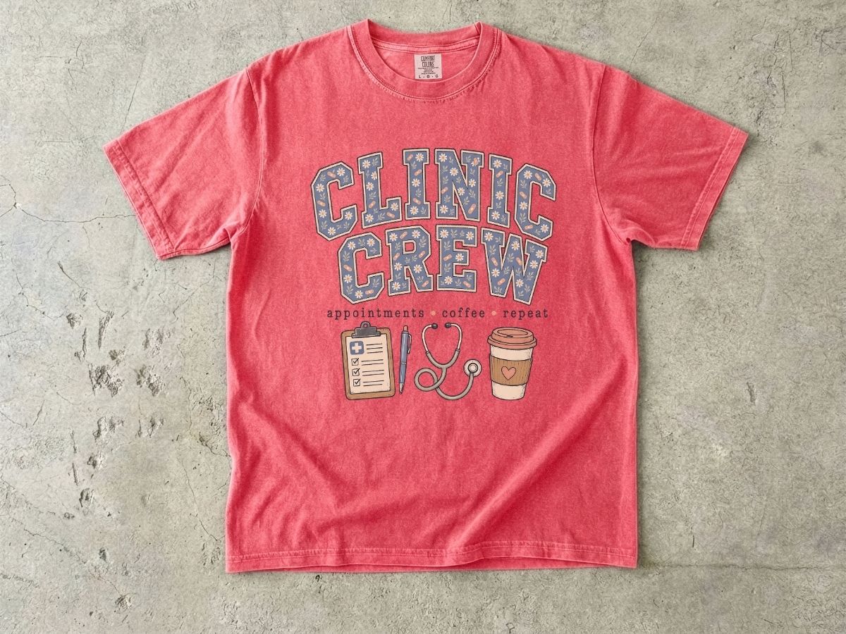 Clinic Crew T-Shirt — Medical Team Tee with Stethoscope, Clipboard & Coffee Design