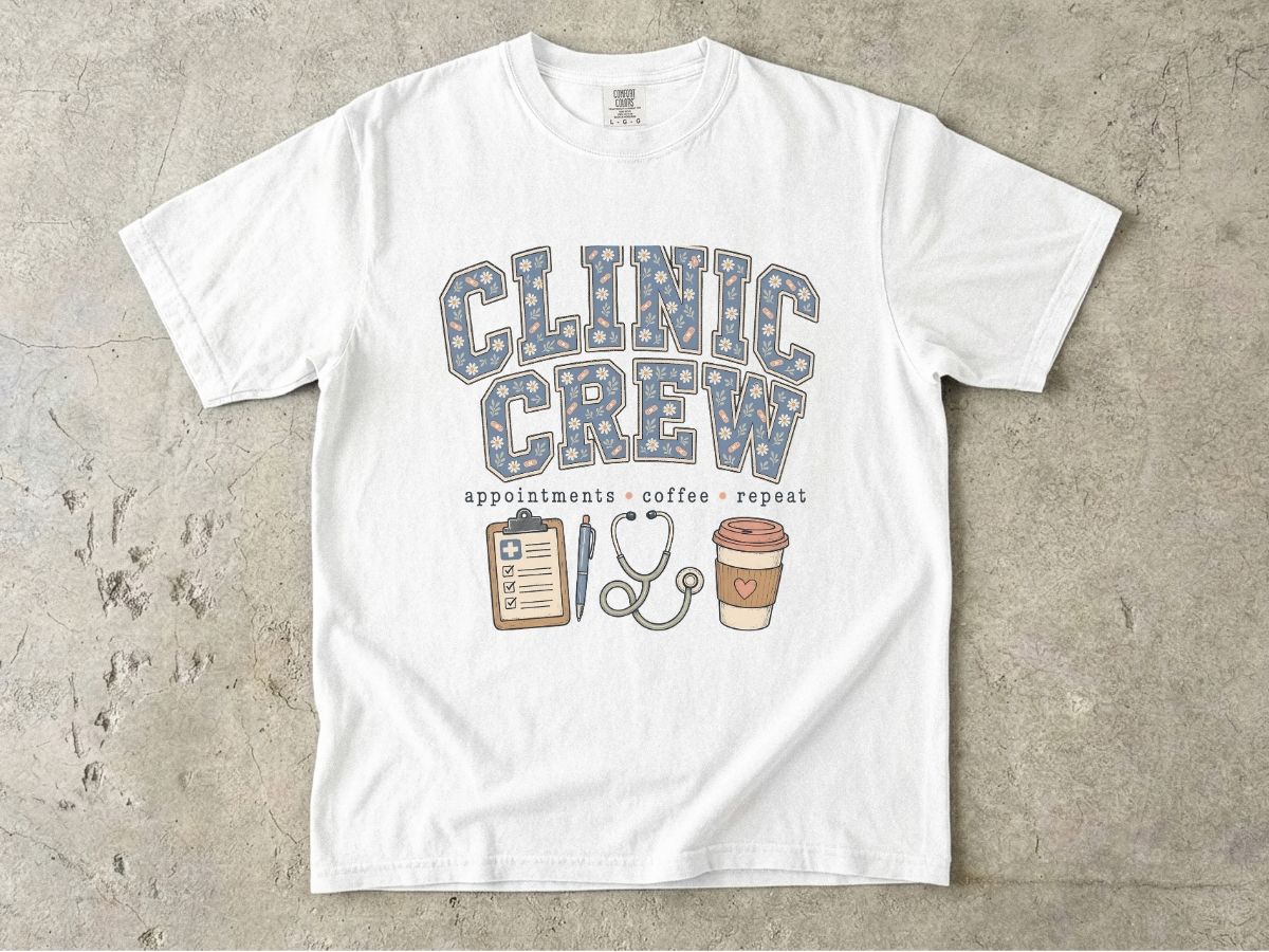 Clinic Crew T-Shirt — Medical Team Tee with Stethoscope, Clipboard & Coffee Design