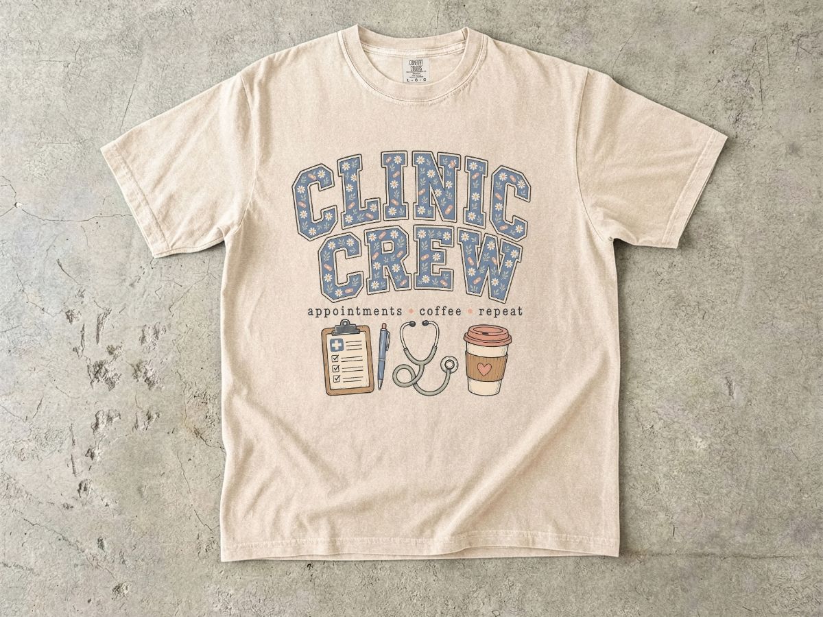Clinic Crew T-Shirt — Medical Team Tee with Stethoscope, Clipboard & Coffee Design