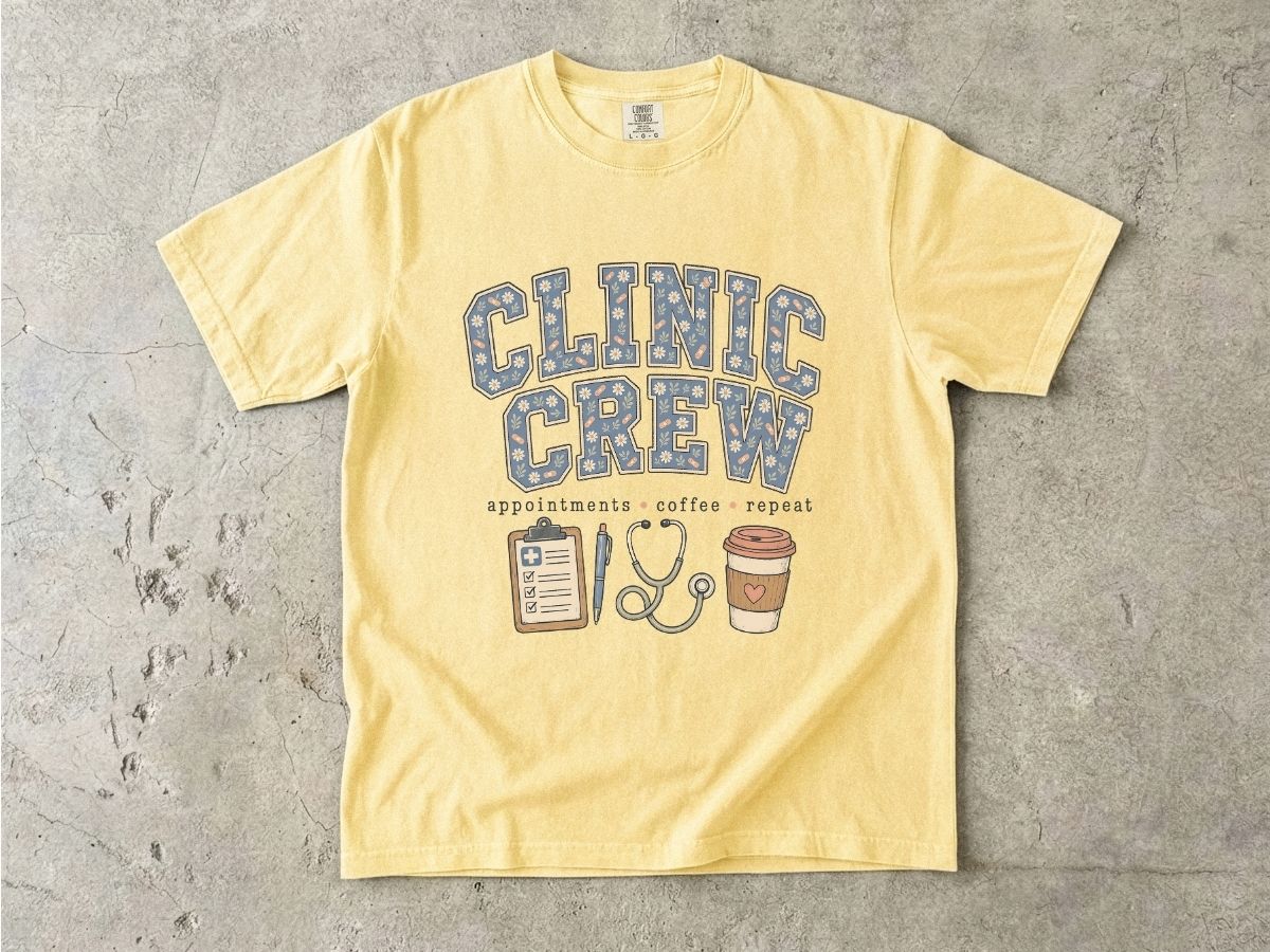 Clinic Crew T-Shirt — Medical Team Tee with Stethoscope, Clipboard & Coffee Design