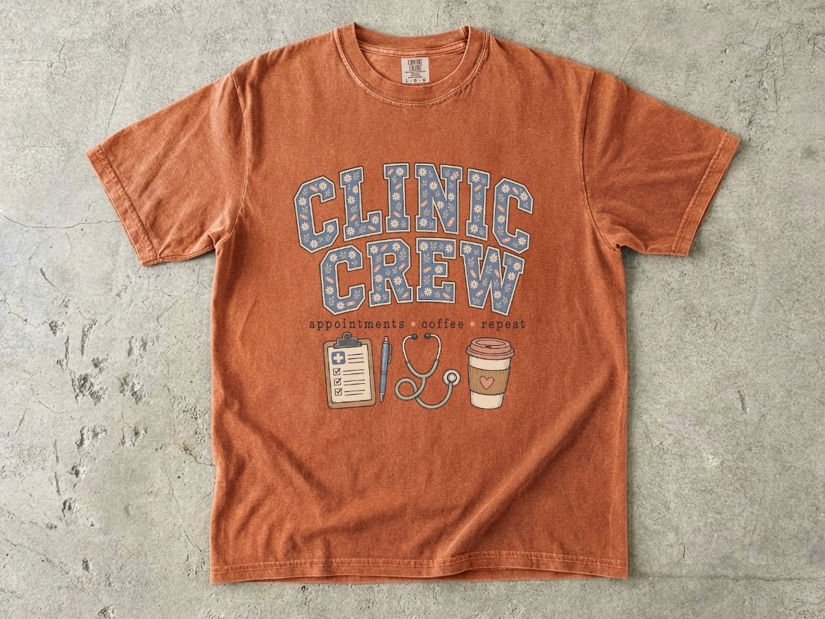 Clinic Crew T-Shirt — Medical Team Tee with Stethoscope, Clipboard & Coffee Design