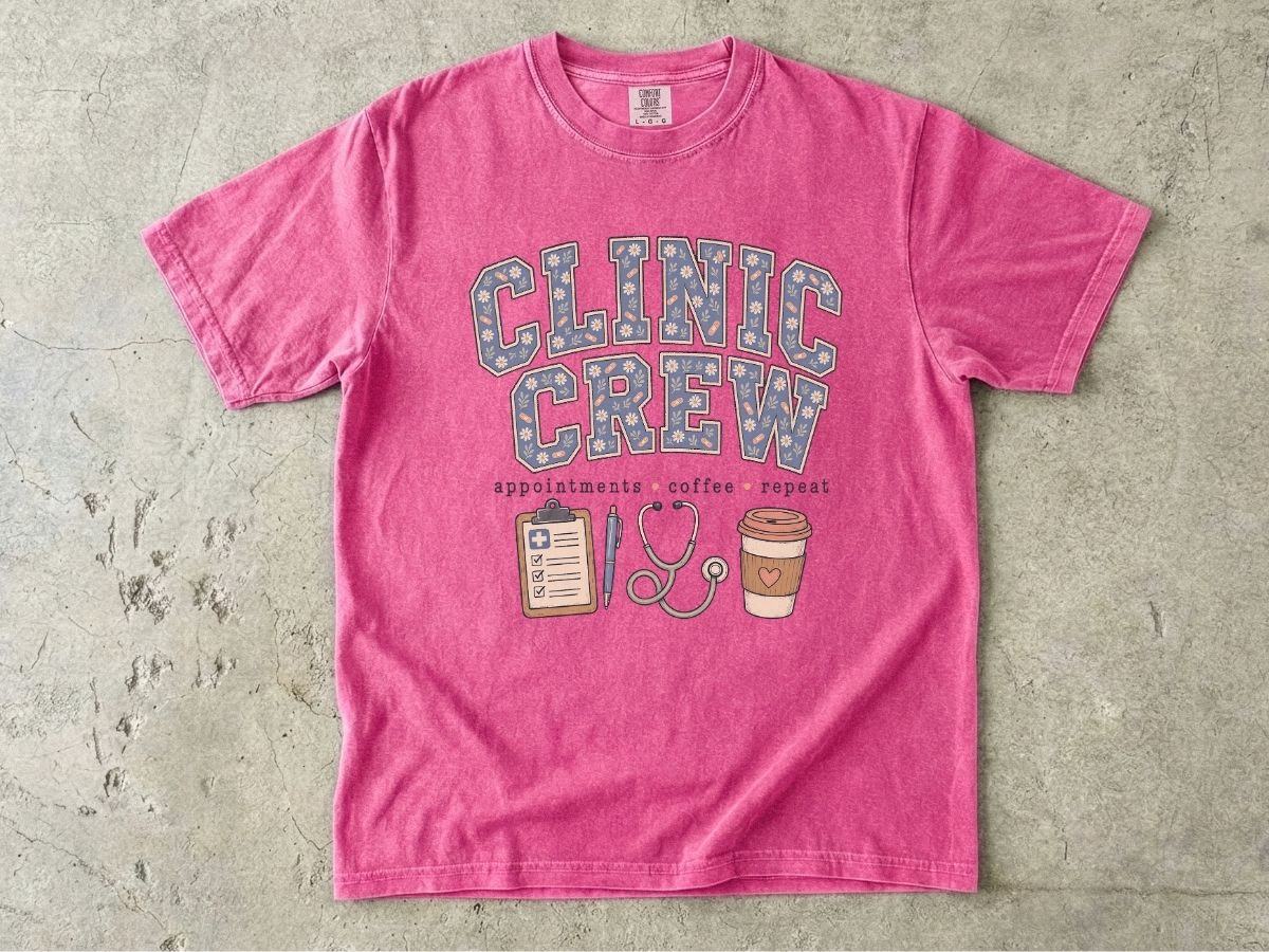 Clinic Crew T-Shirt — Medical Team Tee with Stethoscope, Clipboard & Coffee Design