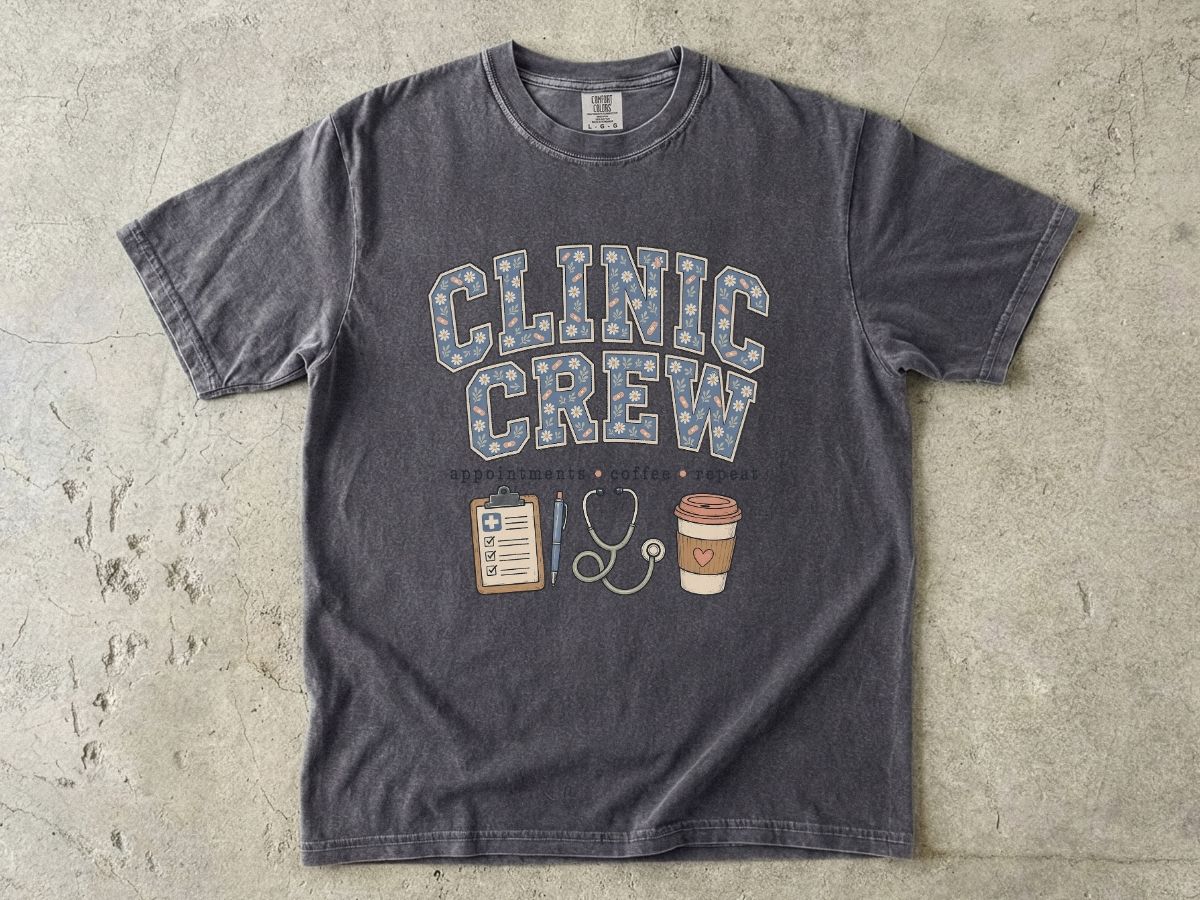 Clinic Crew T-Shirt — Medical Team Tee with Stethoscope, Clipboard & Coffee Design