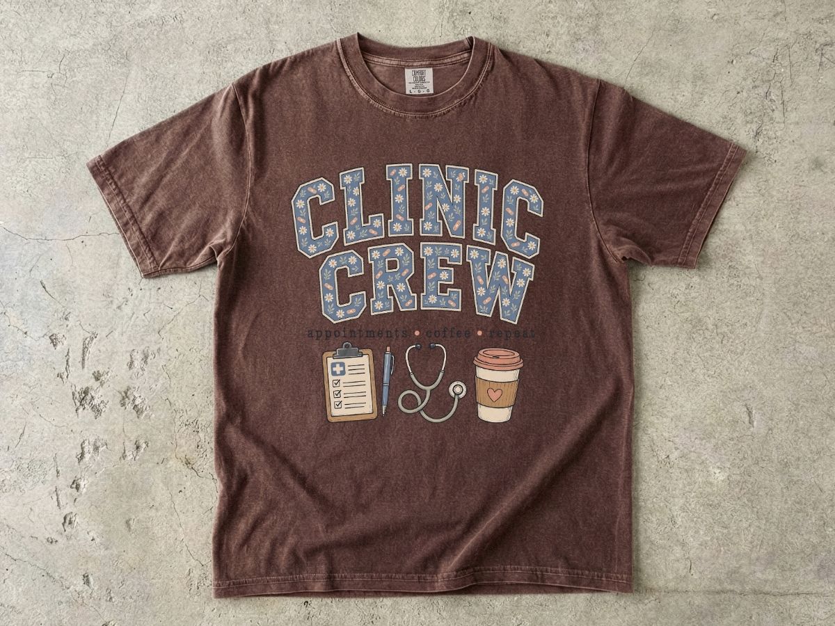 Clinic Crew T-Shirt — Medical Team Tee with Stethoscope, Clipboard & Coffee Design