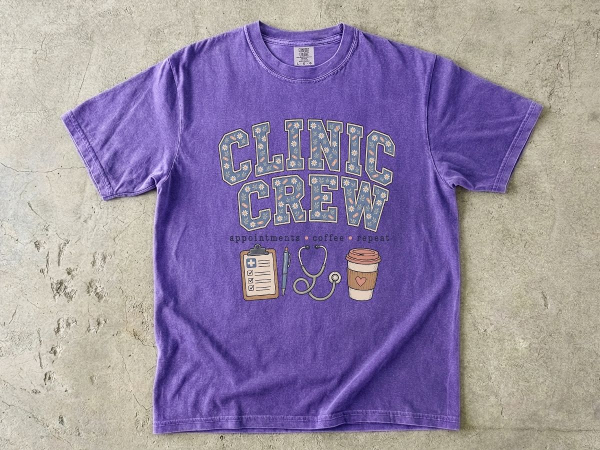 Clinic Crew T-Shirt — Medical Team Tee with Stethoscope, Clipboard & Coffee Design