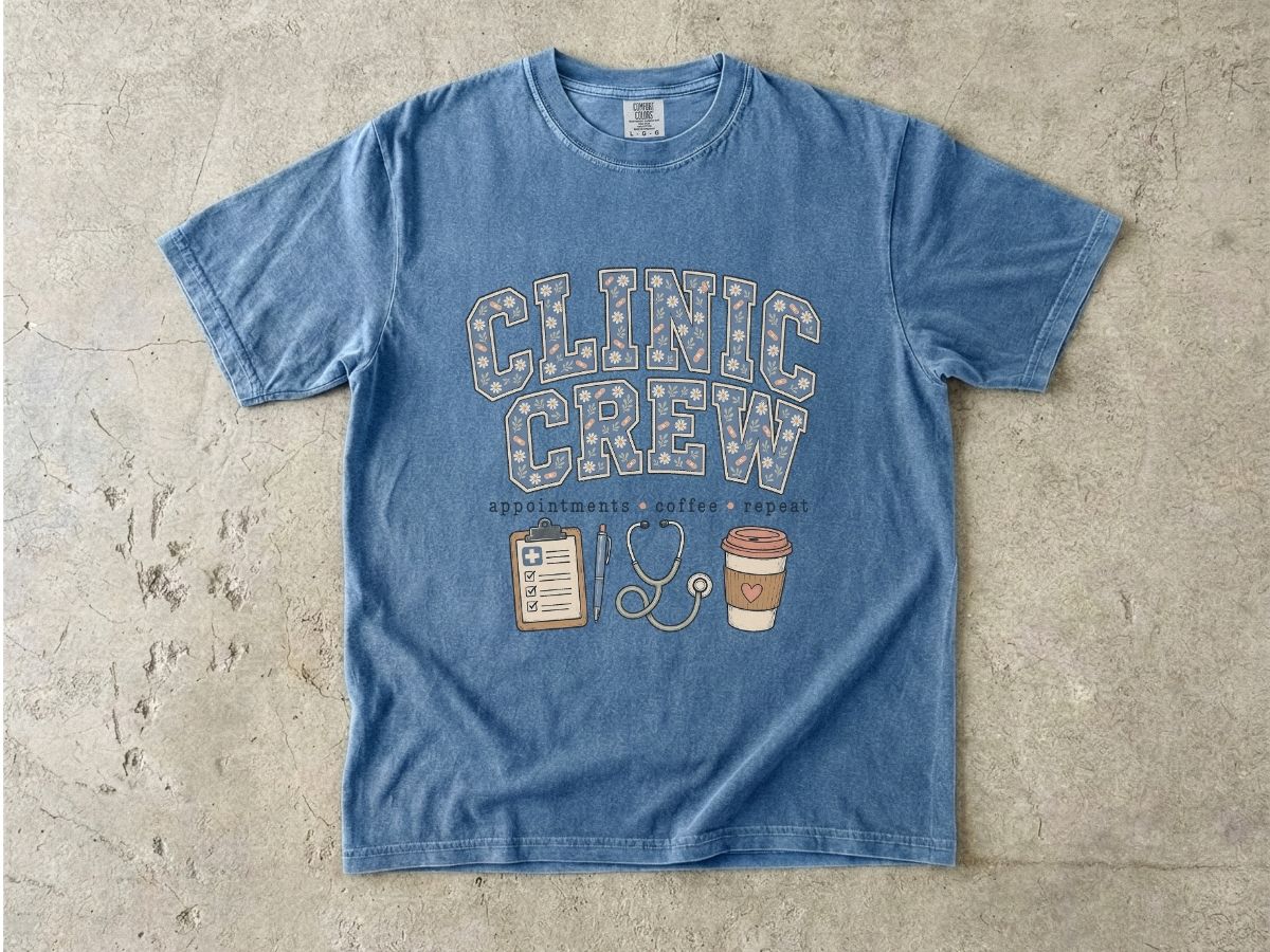 Clinic Crew T-Shirt — Medical Team Tee with Stethoscope, Clipboard & Coffee Design
