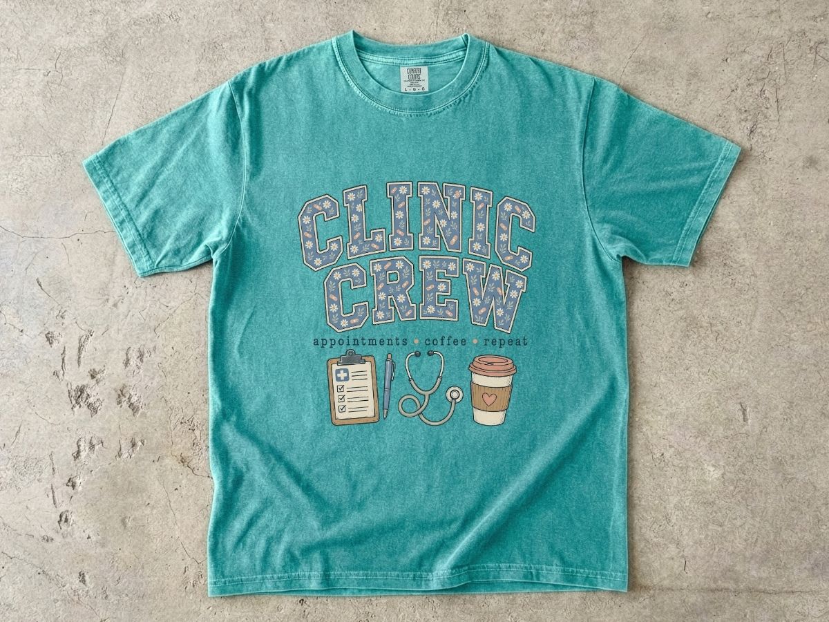 Clinic Crew T-Shirt — Medical Team Tee with Stethoscope, Clipboard & Coffee Design