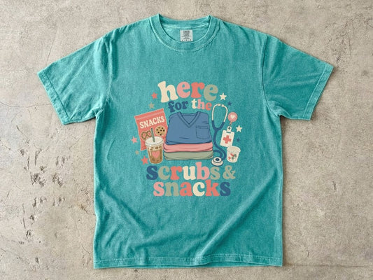 Here for the Scrubs & Snacks T-Shirt — Funny Nurse Medical Tee