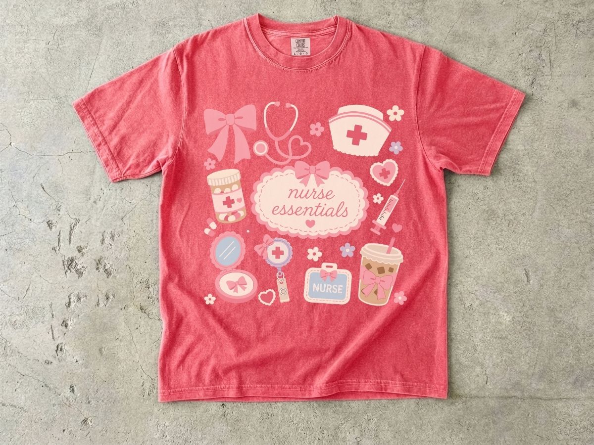 Nurse Essentials T-Shirt — Cute Pink Medical Icons Tee for Nurses