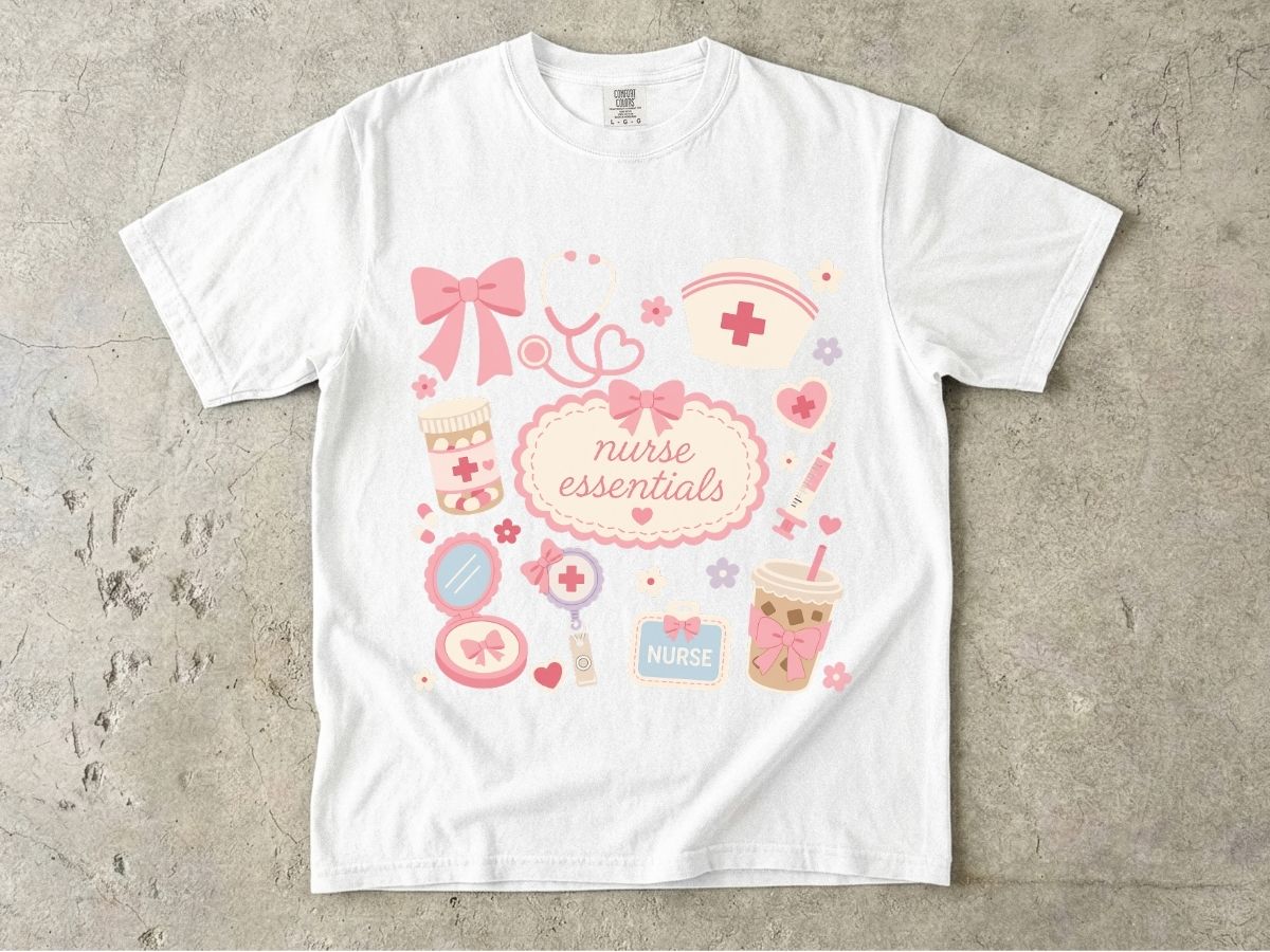 Nurse Essentials T-Shirt — Cute Pink Medical Icons Tee for Nurses