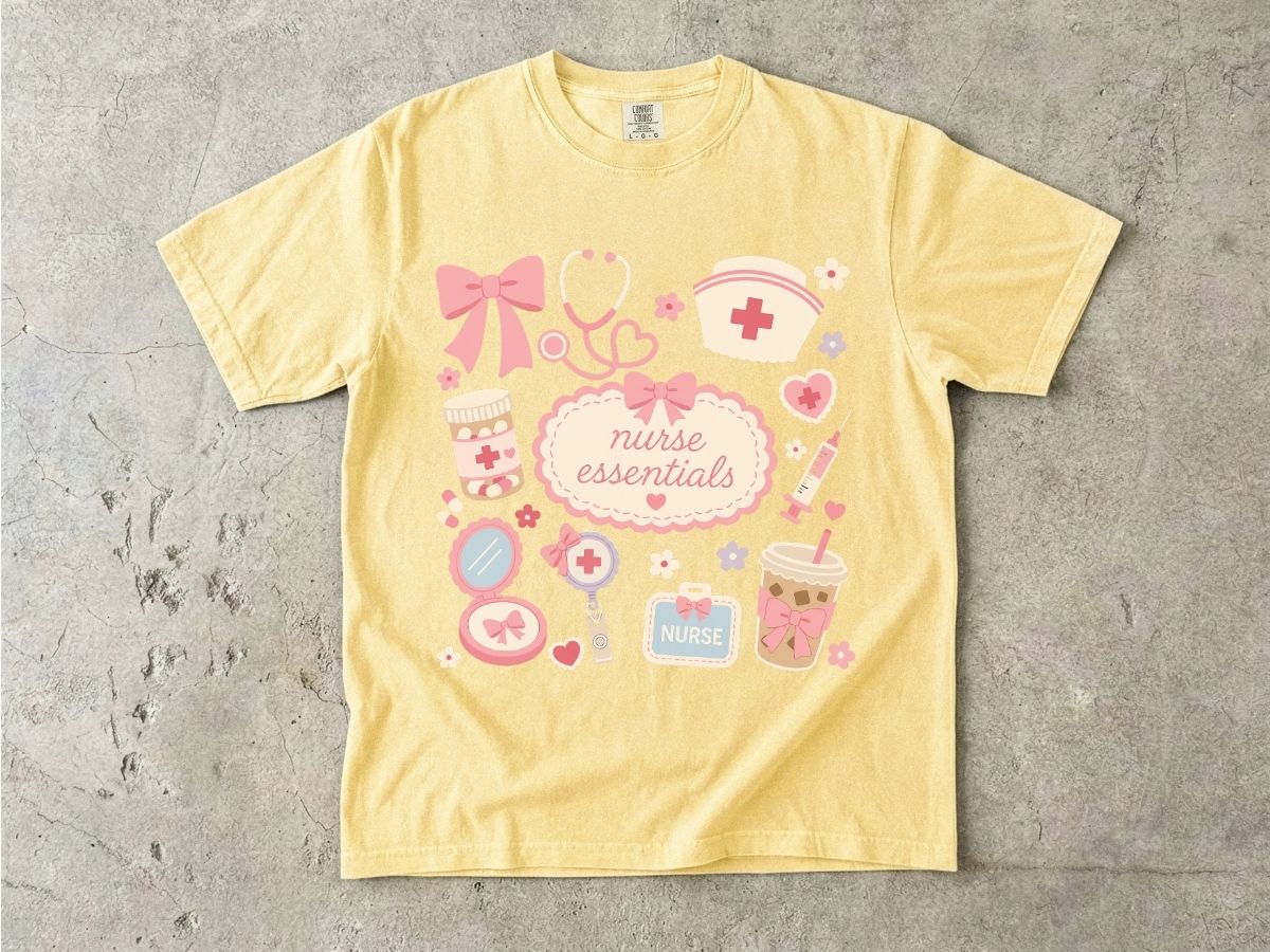 Nurse Essentials T-Shirt — Cute Pink Medical Icons Tee for Nurses