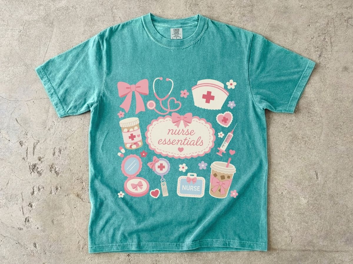 Nurse Essentials T-Shirt — Cute Pink Medical Icons Tee for Nurses