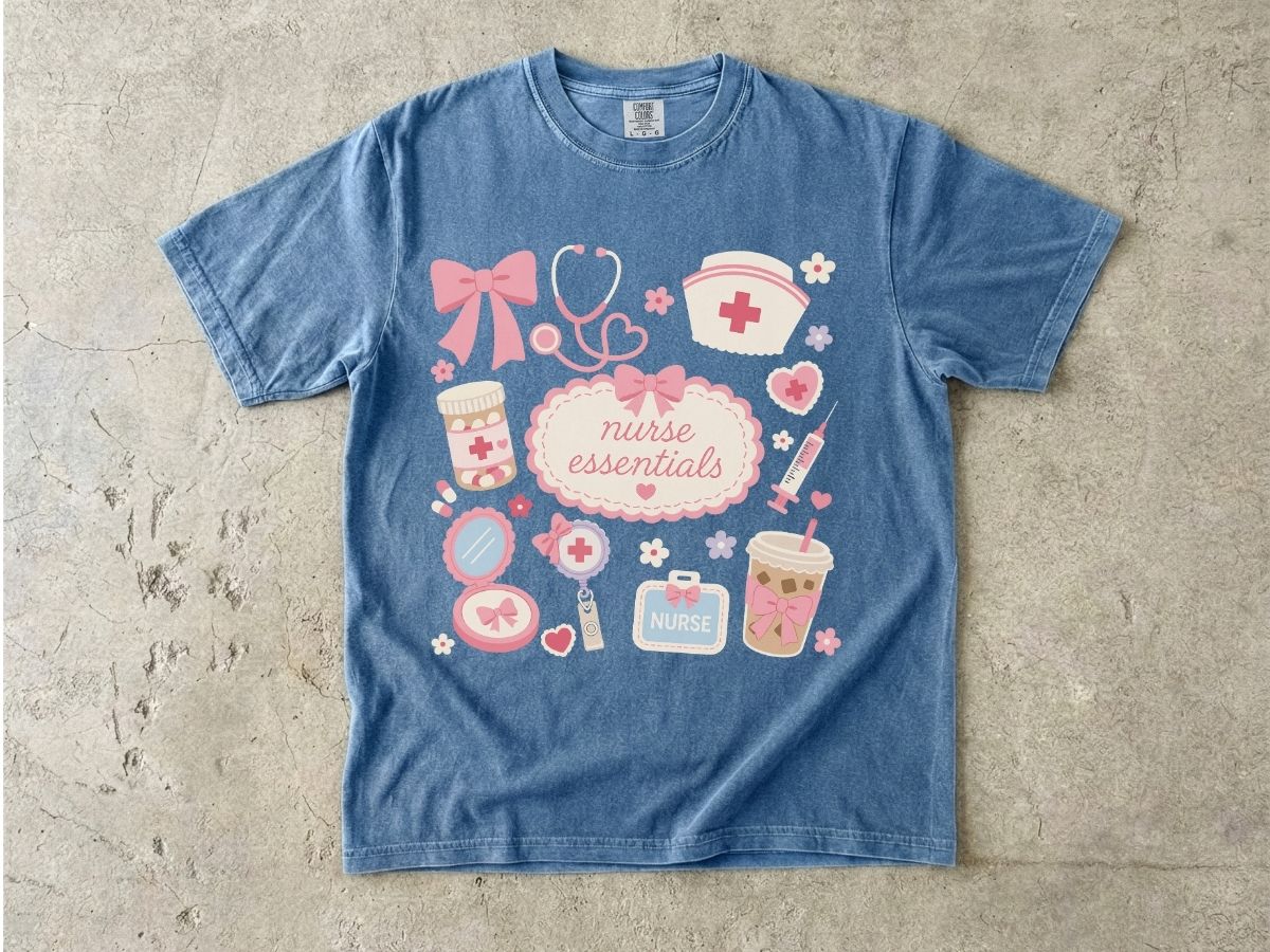 Nurse Essentials T-Shirt — Cute Pink Medical Icons Tee for Nurses