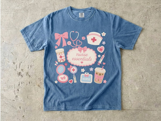 Nurse Essentials T-Shirt — Cute Pink Medical Icons Tee for Nurses