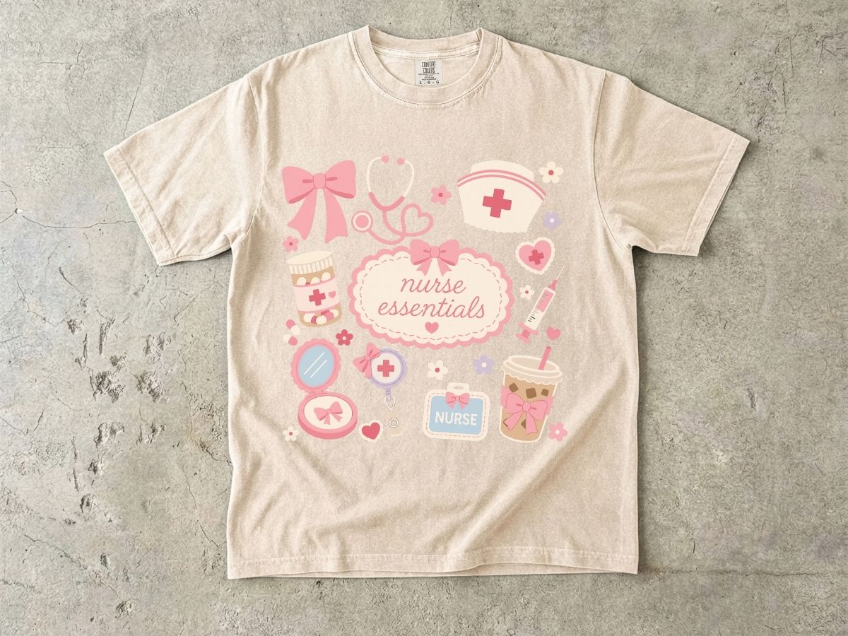Nurse Essentials T-Shirt — Cute Pink Medical Icons Tee for Nurses
