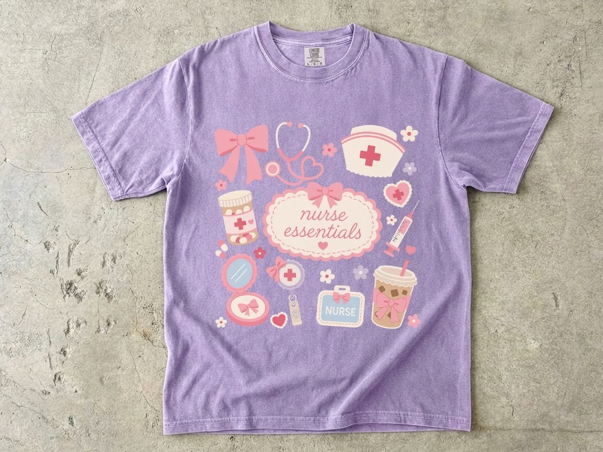 Nurse Essentials T-Shirt — Cute Pink Medical Icons Tee for Nurses