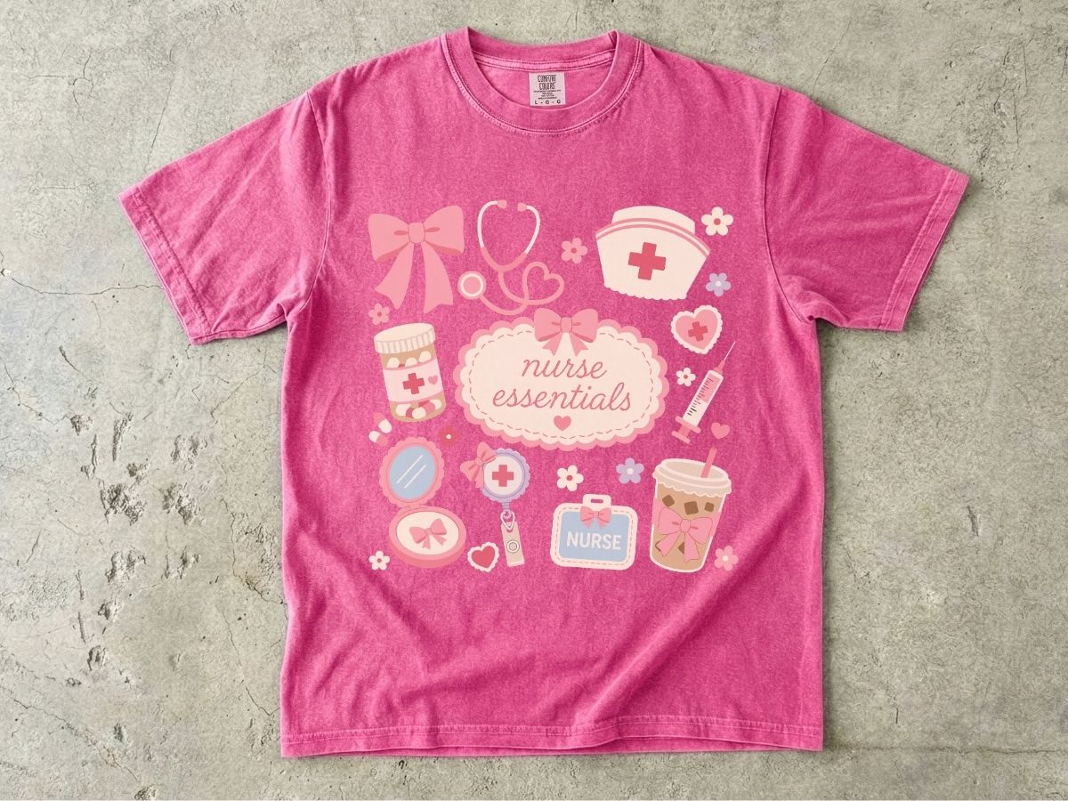 Nurse Essentials T-Shirt — Cute Pink Medical Icons Tee for Nurses
