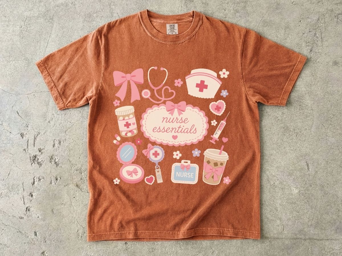Nurse Essentials T-Shirt — Cute Pink Medical Icons Tee for Nurses