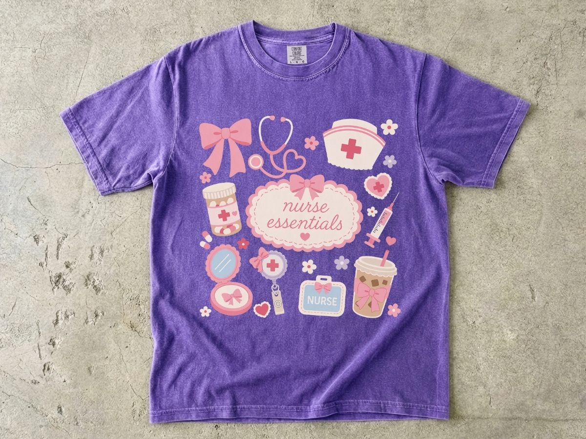 Nurse Essentials T-Shirt — Cute Pink Medical Icons Tee for Nurses