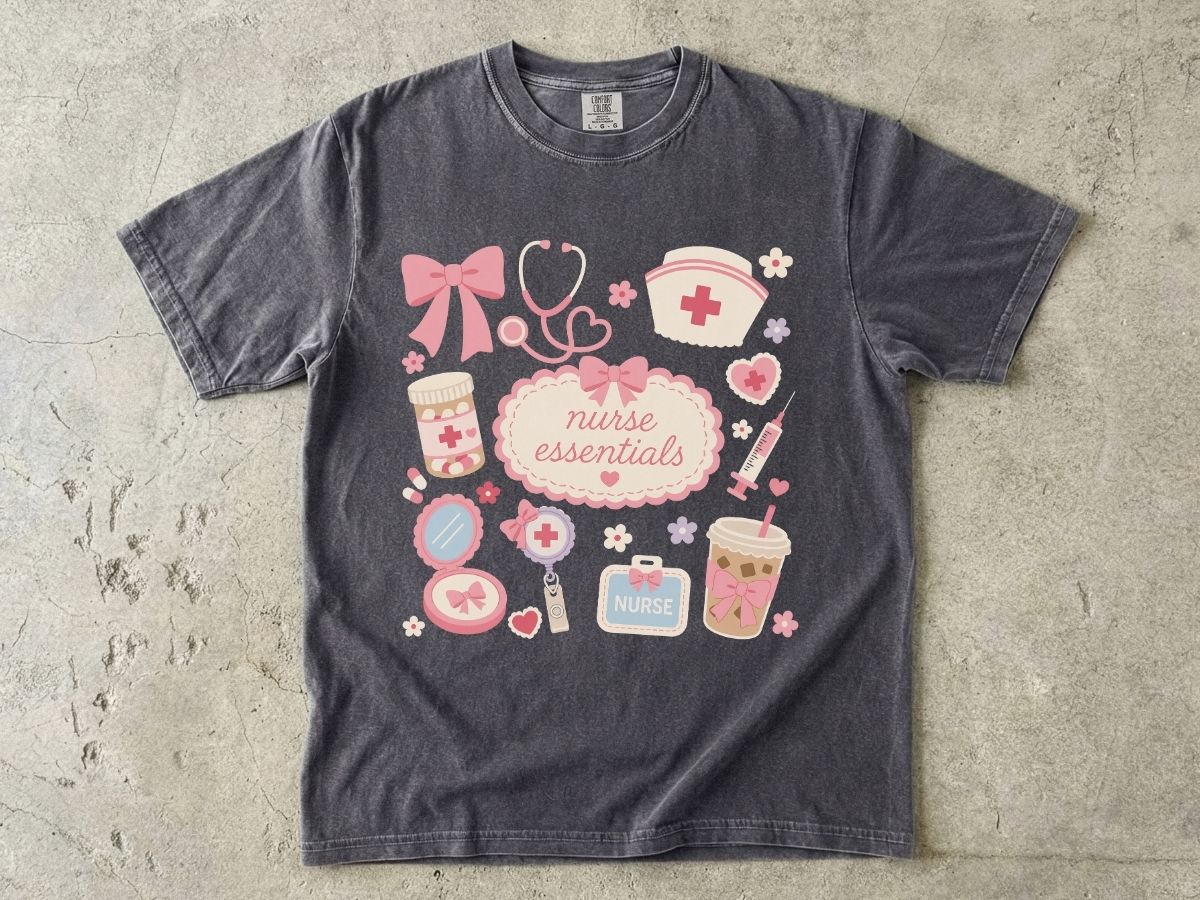 Nurse Essentials T-Shirt — Cute Pink Medical Icons Tee for Nurses