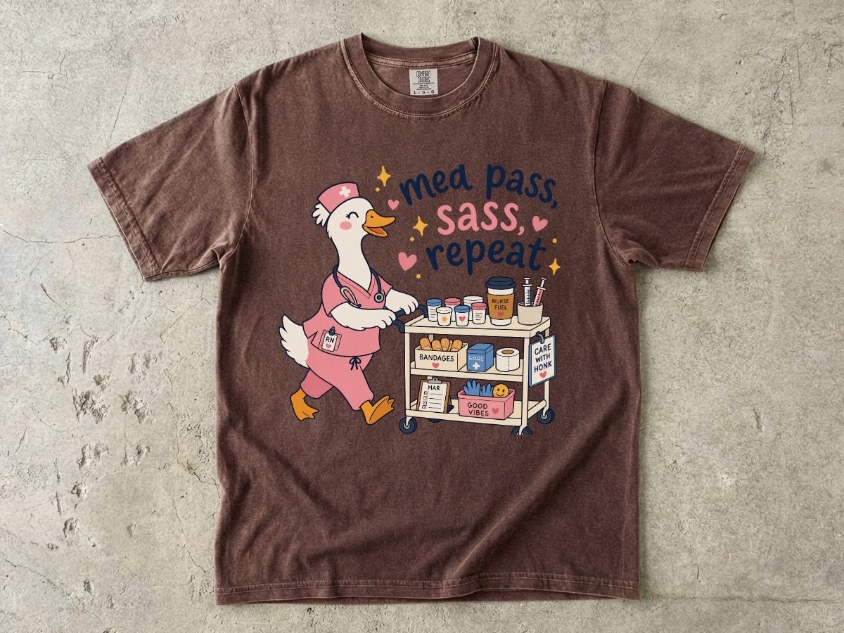 Medical Cart Nurse T‑Shirt — “Med Pass, Sass, Repeat” Cute Nurse Goose Tee
