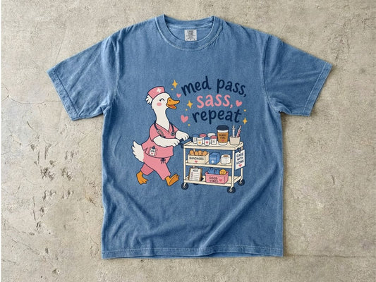 Medical Cart Nurse T‑Shirt — “Med Pass, Sass, Repeat” Cute Nurse Goose Tee