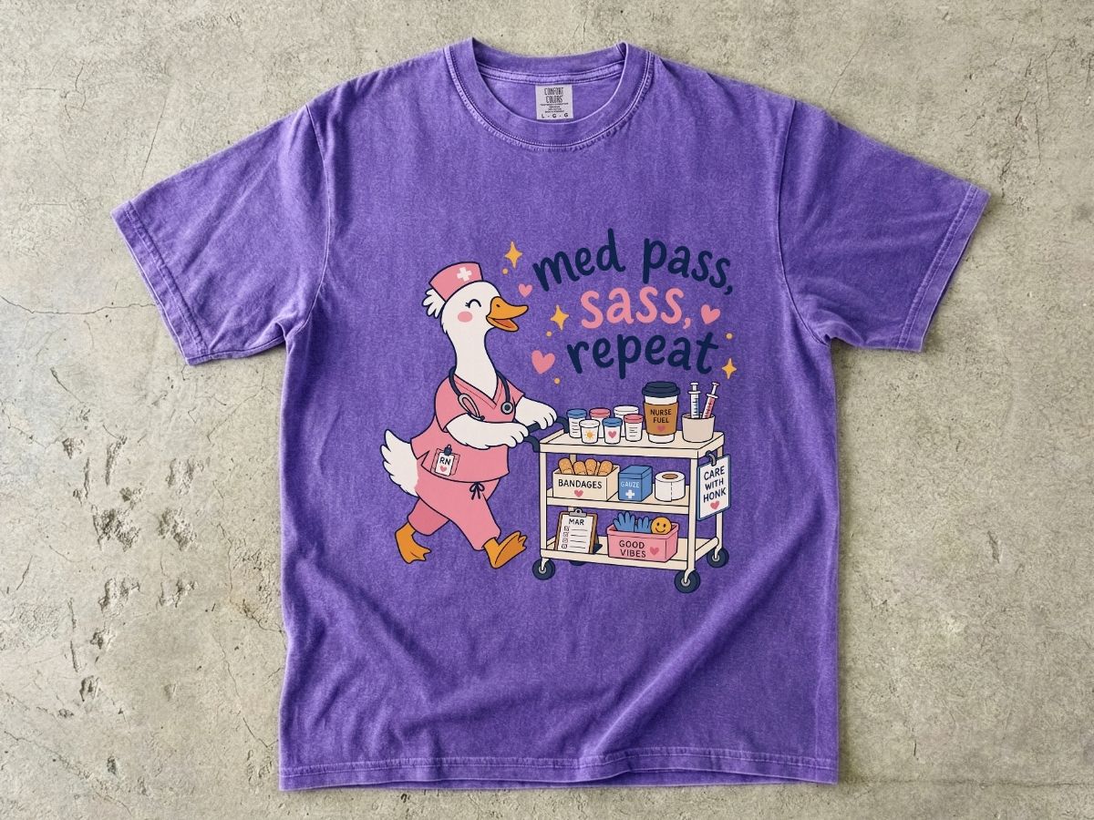 Medical Cart Nurse T‑Shirt — “Med Pass, Sass, Repeat” Cute Nurse Goose Tee